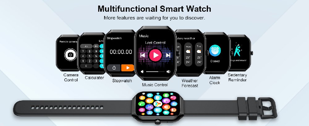 Multifunctional smartwatch with black strap and square face. Display shows various app icons including camera, calculator, and fitness tracking features.